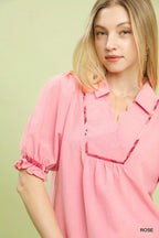 Umgee Blouse Rose Scalloped Trim with Puff Short Sleeves Top cbc89d43-0788-41a5-9f32-4f8fa01a0dc8-Max-Origin Trendsi