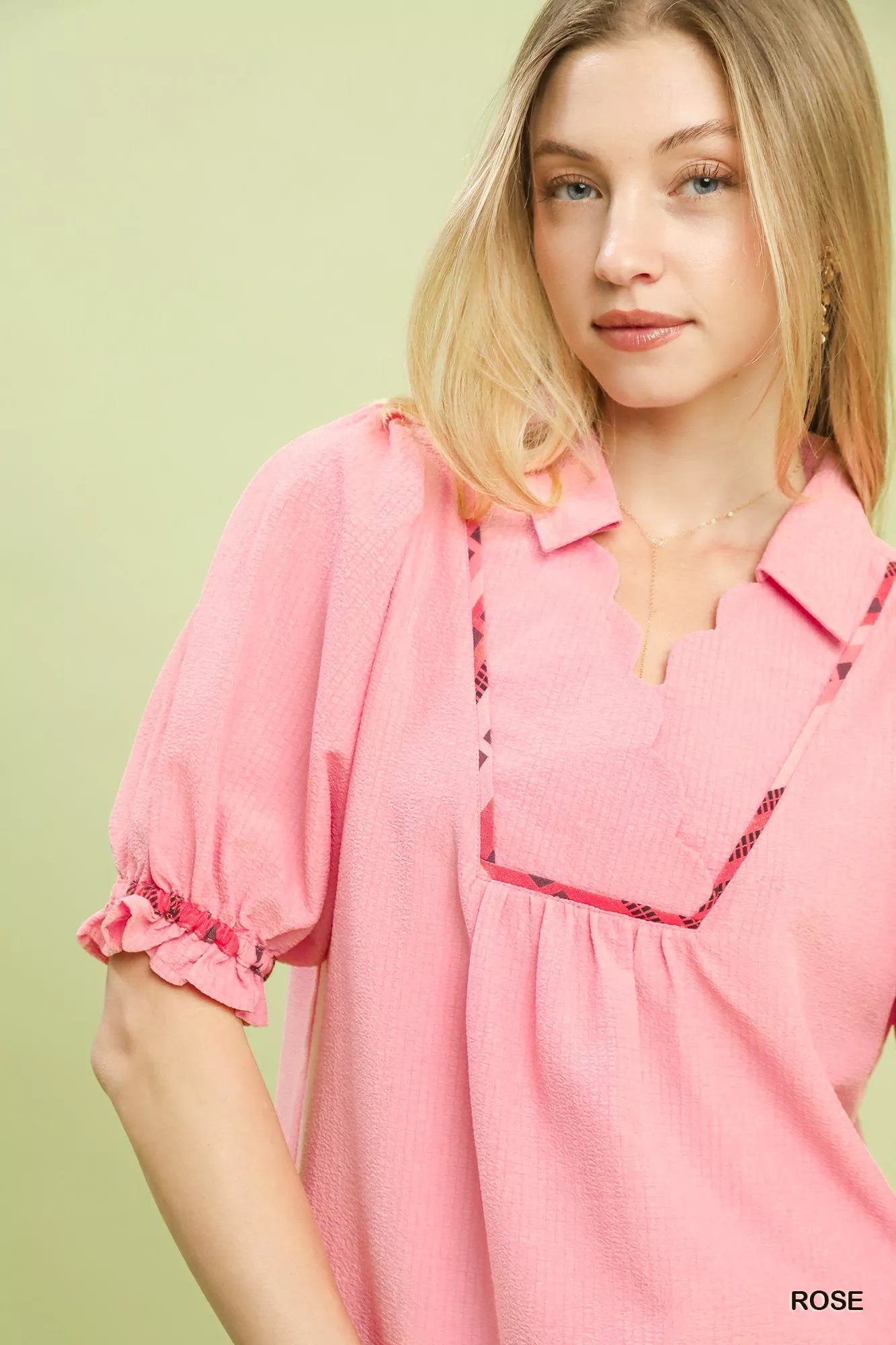 Umgee Blouse Rose Scalloped Trim with Puff Short Sleeves Top cbc89d43-0788-41a5-9f32-4f8fa01a0dc8-Max-Origin Trendsi