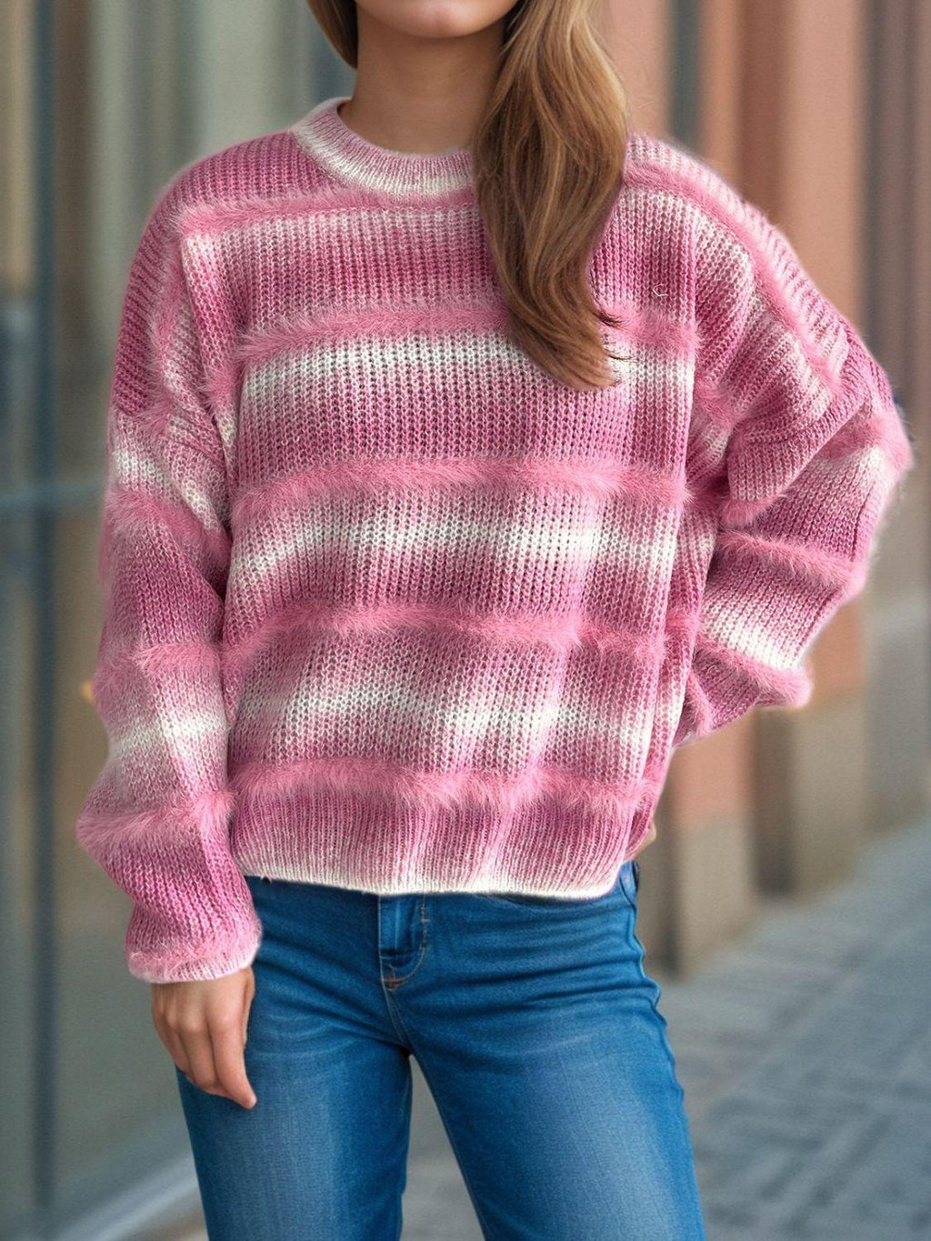 Gradient Striped Sweater Round Neck Dropped Shoulder Pullover