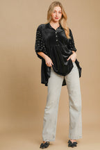 Umgee USA Pearl Babydoll Blouse Black Women Half Sleeve Velvet Ruffle Top cbf660ed-a495-4fe0-ab0e-a02bebb49c2a-Max Trendsi
