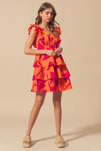 SO ME Floral Dress V Neck Layered with Elasticized Waist Short Cap Sleeve cbfbc010b1b94bba927a6fed2ec54532-Max-Origin Trendsi