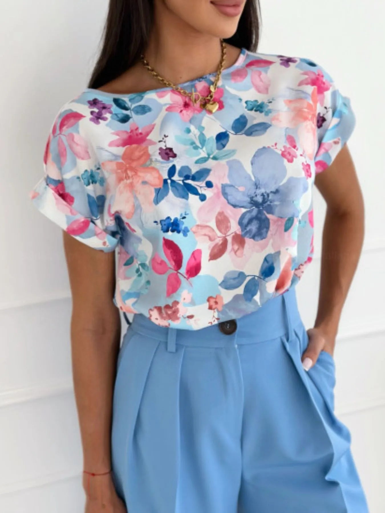 Women's T-Shirt Classic Rolled Tab Sleeve Floral Solid Tops Colorful Flower cc00cf7b-8ee6-45b3-a9cf-39c0e1ca3338-Max-Origin Trendsi