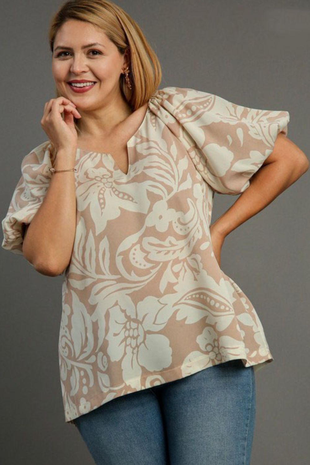 Umgee Top Floral Print Tan Boxy Cut Split Neck Short Sleeve Blouse cc167c8f-1f16-4a5d-9ece-84f1b9405674-Max Trendsi