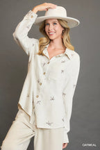 Umgee Shirt Linen Blend Fitted with Ribbon Embroidery Details Long Sleeve Top OATMEAL cc23b762-b988-42ae-8d35-51c2748176d7-Max-Origin Trendsi