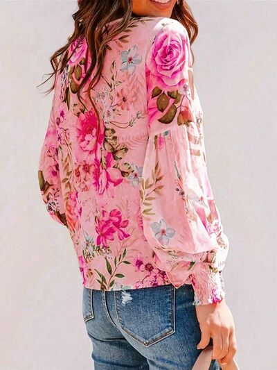 Floral Blouse Smocked Printed Round Neck Lantern Long Sleeve Top cc282173-ea89-470f-a338-f599f511aef3-Min Trendsi