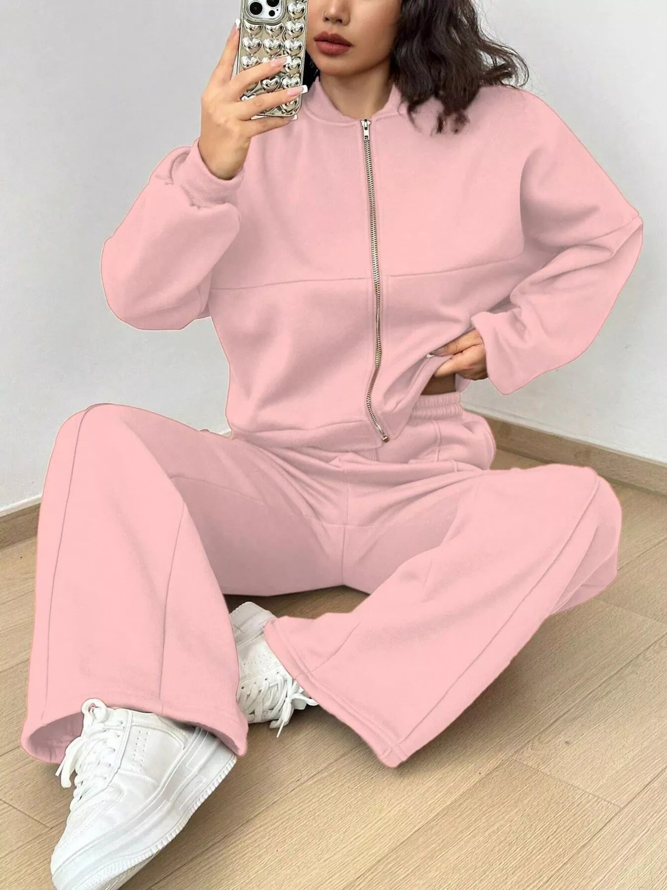Womens Outfit Set Casual Solid Color Zipper Jacket and Wide Leg Pants Pink cc2a37b469224048901f381e78734a00-Max-Origin Trendsi