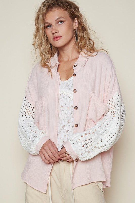 POL Women Shirt Openwork Lantern Long Sleeve Collared Gauze Blush Pink