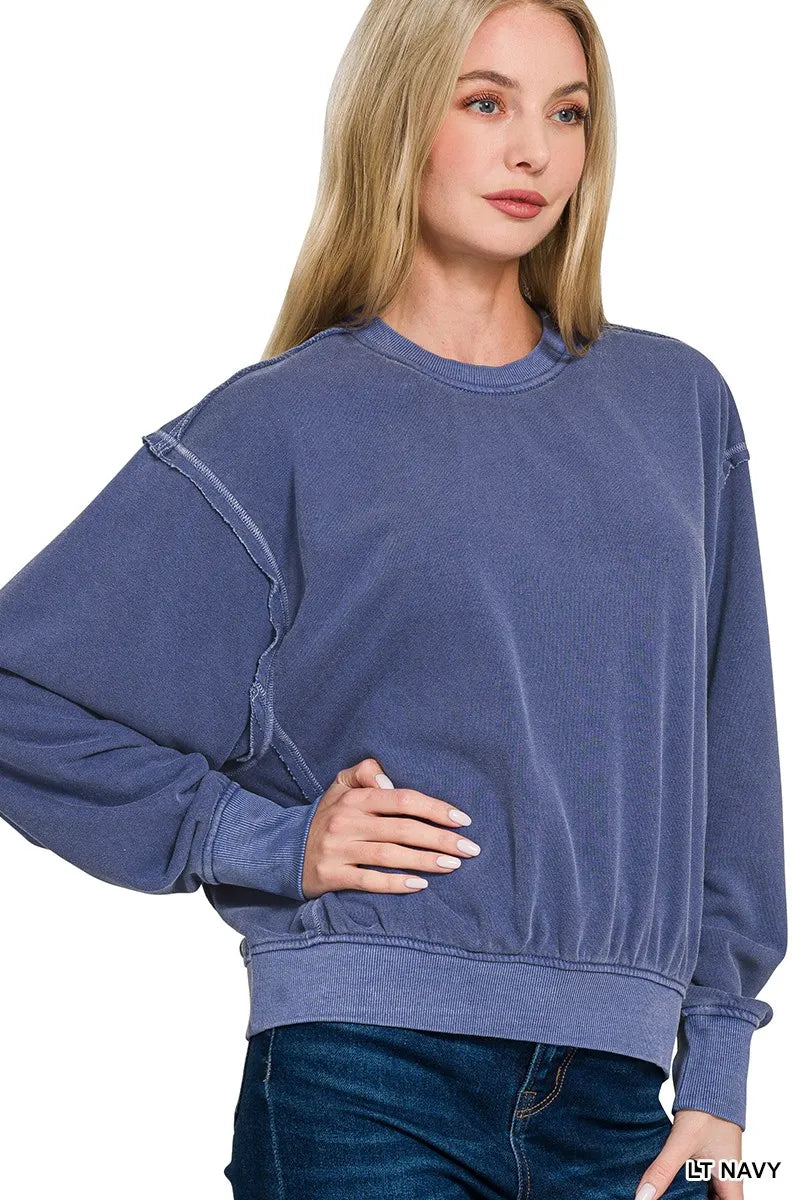 Zenana Women's Pullover Soft Fleece Pigment Light Navy Dye Round Neck Top cc3b52eb77104e6f90910e0219ad7c8f-Max-Origin Trendsi