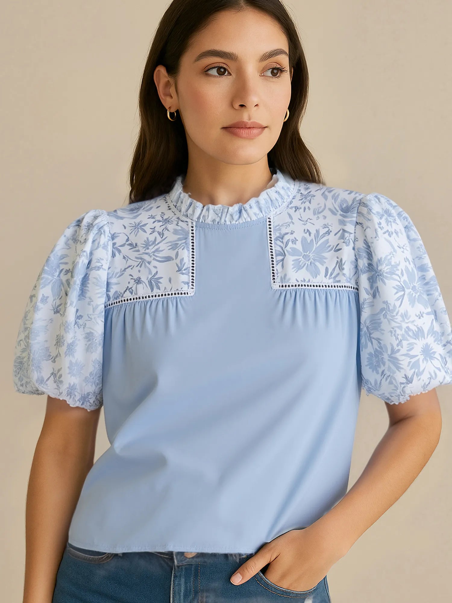 Women's Blouse Light Blue Lace Insert Floral Puff Sleeve Patchwork Loose Top Light Blue cc3e78b3-0fa7-4400-998b-d8d88b1087b4-Max-Origin Trendsi