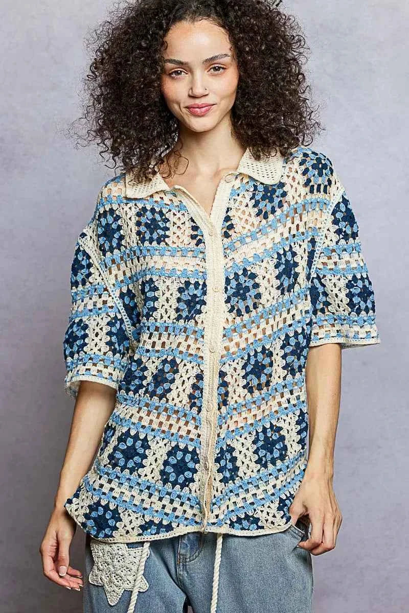 POL Crochet Shirt Blue Multi Openwork Short Sleeve with Border Accents Top BLUE MULTI cc65e137-9aaf-4ae6-b4ae-3d3d07eac3f5-Max-Origin Trendsi