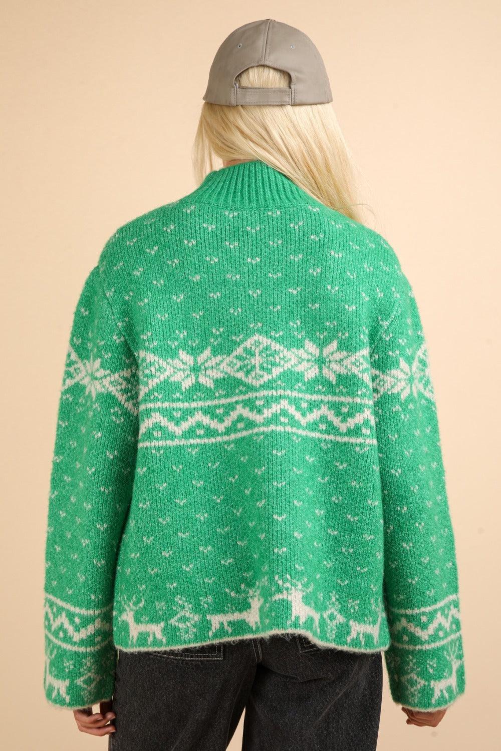 VERY J Sweater Christmas Green Element Mock Neck Long Sleeve