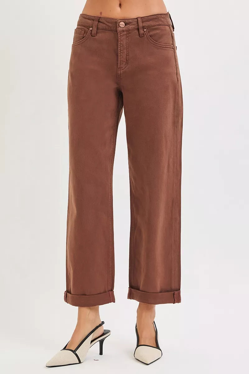 RISEN Baggy Pants Brown Tummy Control Mid Rise Ankle Barrel Plus Sizes