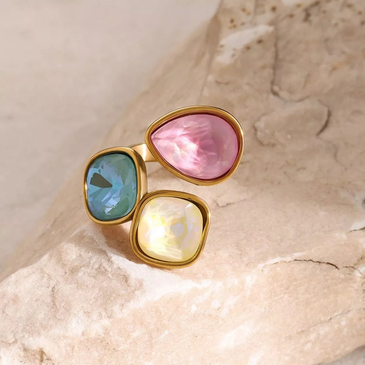 Bypass Ring Triple Rhinestone Colorful 18K Gold-Plated Women's Jewelry cc7116f4-013a-475e-9f9a-3ca8ee99871c-Max-Origin Trendsi