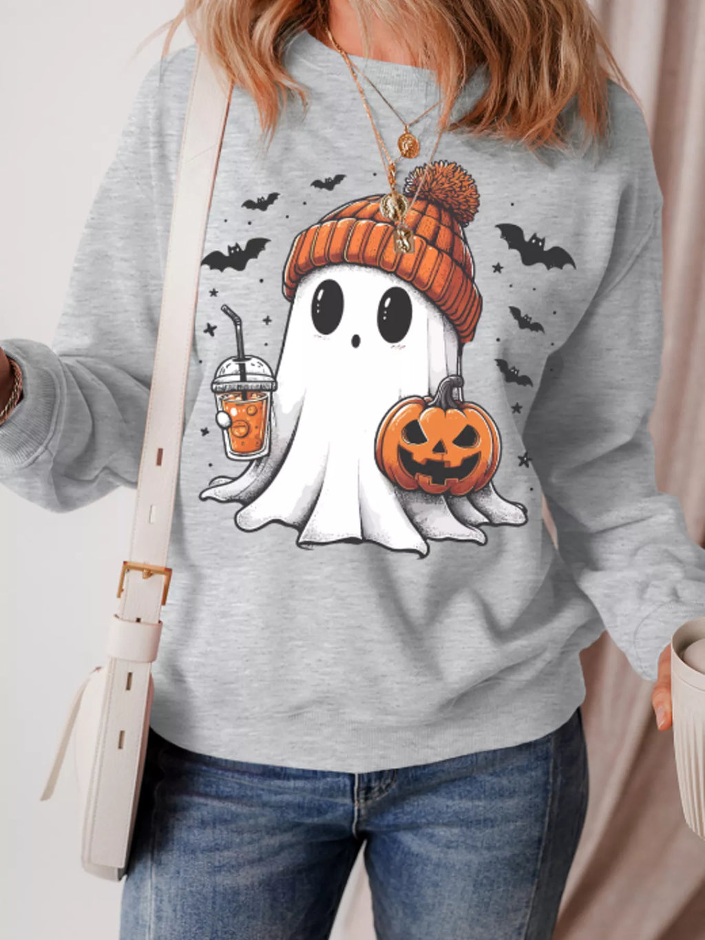 Halloween Women's Sweatshirt Ghost Gray Round Neck Long Sleeve Top cc715cb604144b9d8f81400f2f3c1b8c-Max-Origin Trendsi