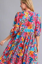 Umgee Midi Dress Floral Mulberry Mix Print Tie Neck with Pockets 3/4 Sleeve cc73202c-d96f-4002-9084-aae4c2214ac9-Max-Origin Trendsi