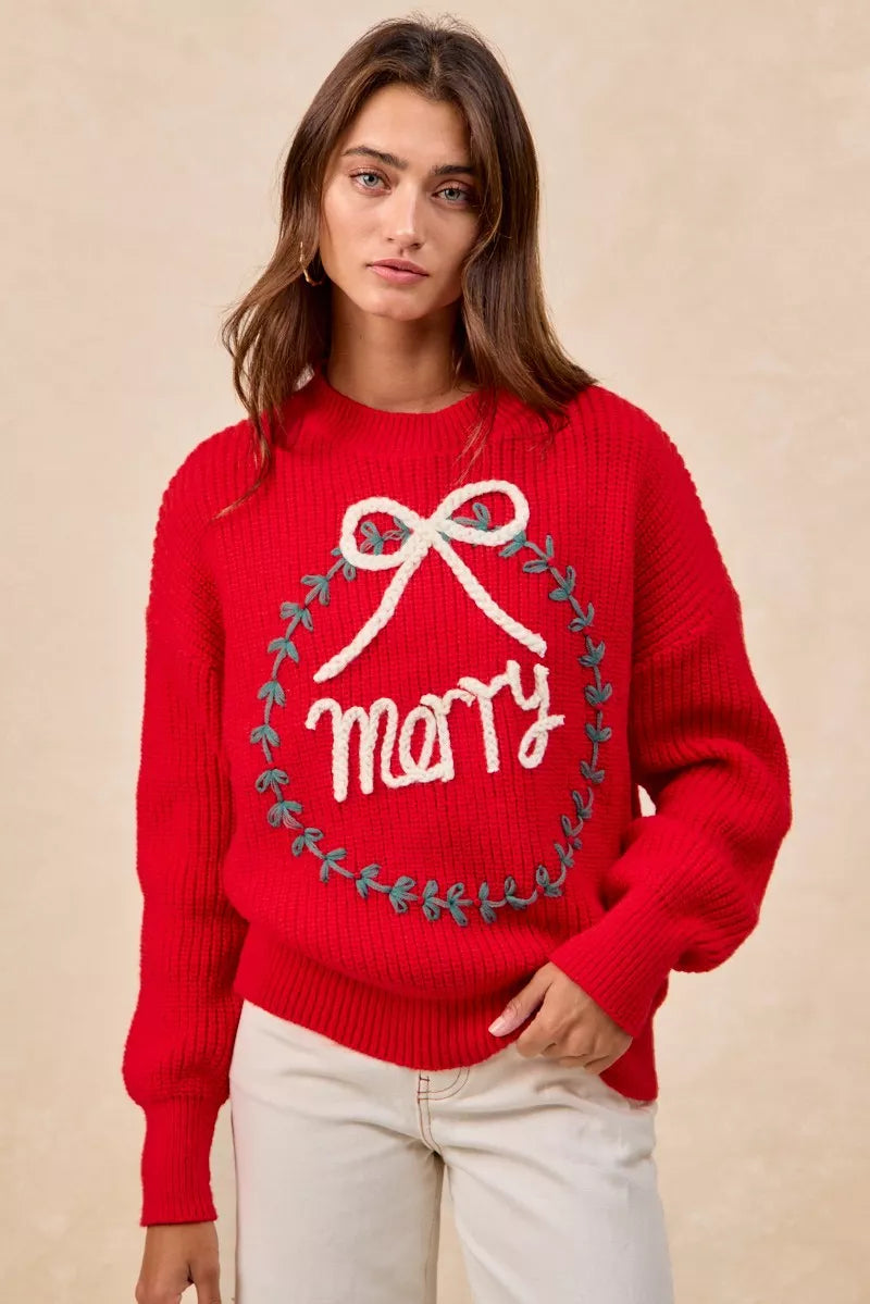 BiBi Christmas Womens Pullover Red Wreath Merry Letter Knit Top cc7d94d232e8459b93d34adb1e584cea-Max-Origin Trendsi