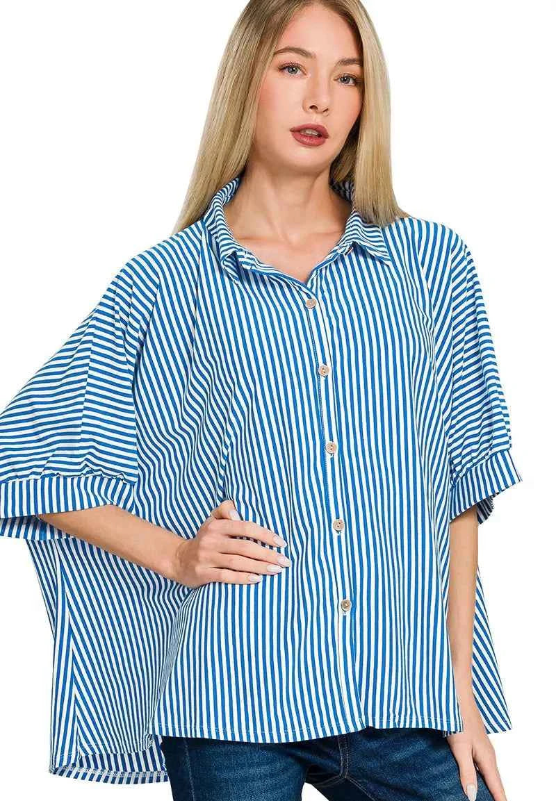 Zenana Oversized Shirt Ocean Blue Stripe Short Sleeve Top OCEAN BLUE cc7fd1b293e24deeb008646ac5386e3a-Max-Origin Trendsi