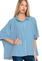Zenana Oversized Shirt Ocean Blue Stripe Short Sleeve Top OCEAN BLUE cc7fd1b293e24deeb008646ac5386e3a-Max-Origin Trendsi