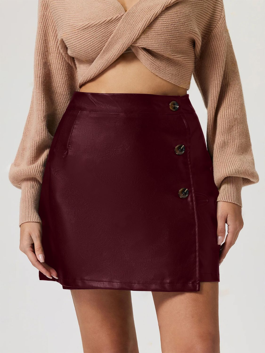 Mini Skirt Pu Leather Buttoned Front High Waisted Women Fashion Skirts