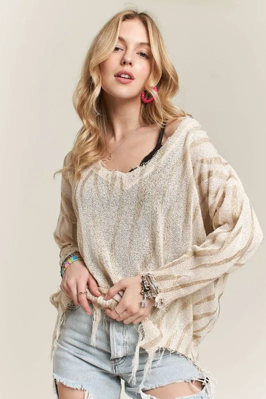 ADORA Knit Top Distressed Zebra Ivory Gold Raw Hem Fringe Long Sleeve cc923e7dad8a47d9b3acf5ffb90e0e62-Max-Origin Trendsi