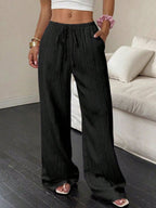 Drawstring Wide Leg Pants with Pockets - 100% Polyester, Machine Washable, Imported