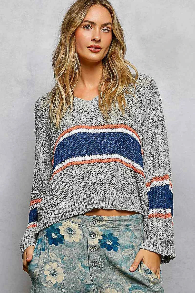 POL Sweater V-Neck Striped Pattern Cropped Knit Top with Cable Knit Detail GREY cc99861a-d10e-4936-b7ff-7026ef5e56d6-Max-Origin Trendsi