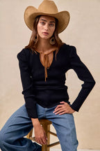 BiBi Womens Knit Top Black Ribbed Camel Contrast Front Tied Top with Shrried cca0aa42b49c46cd9cc6858de913879e-Max-Origin Trendsi
