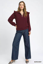 Umgee Womens Sweatshirt Luxeknit Ruffle Shoulder Quarter-Zip Burgundy Top cca4d389-bba7-4c5e-bdb3-78c856889b5e-Max-Origin Trendsi