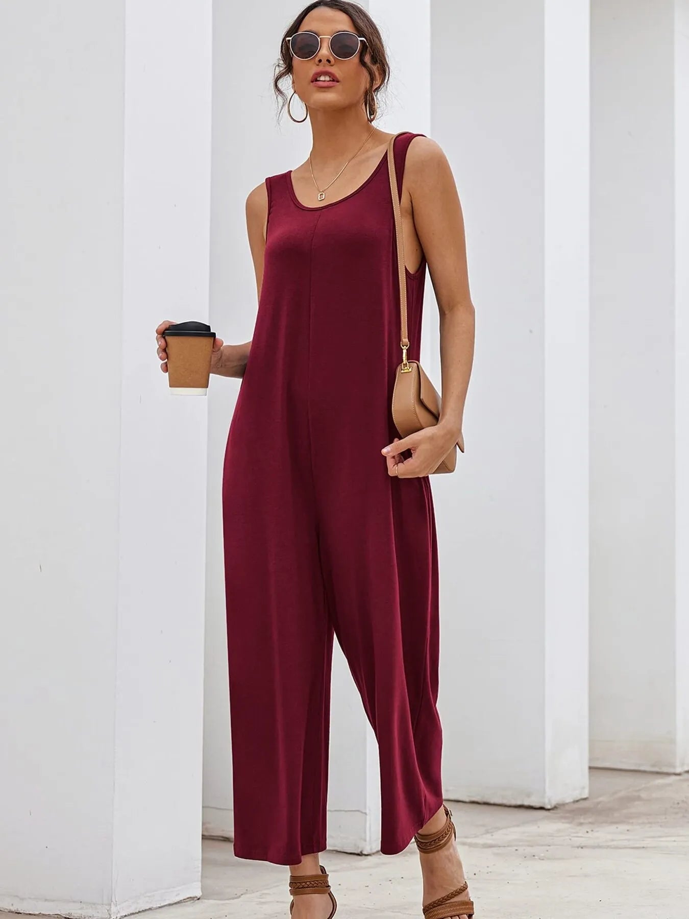 Women's Jumpsuit Sleeveless Wide Leg Casual Loose Overall One-piece Burgundy ccaffd2a555a47cfb85a4a5ea165759b-Max-Origin Trendsi