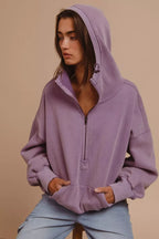 BiBi Women's Fleece Hoodie Purple Stitch Detailed Elastic Hem Half Zip Top ccb04953-f12e-4014-ba58-c583574beba1-Max-Origin Trendsi