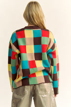 Checkered Color Block Sweater Davi & Dani Dropped Shoulder Long Sleeve ccbfd63e-e09f-41df-aa8e-7a83cddd599c-Max Trendsi