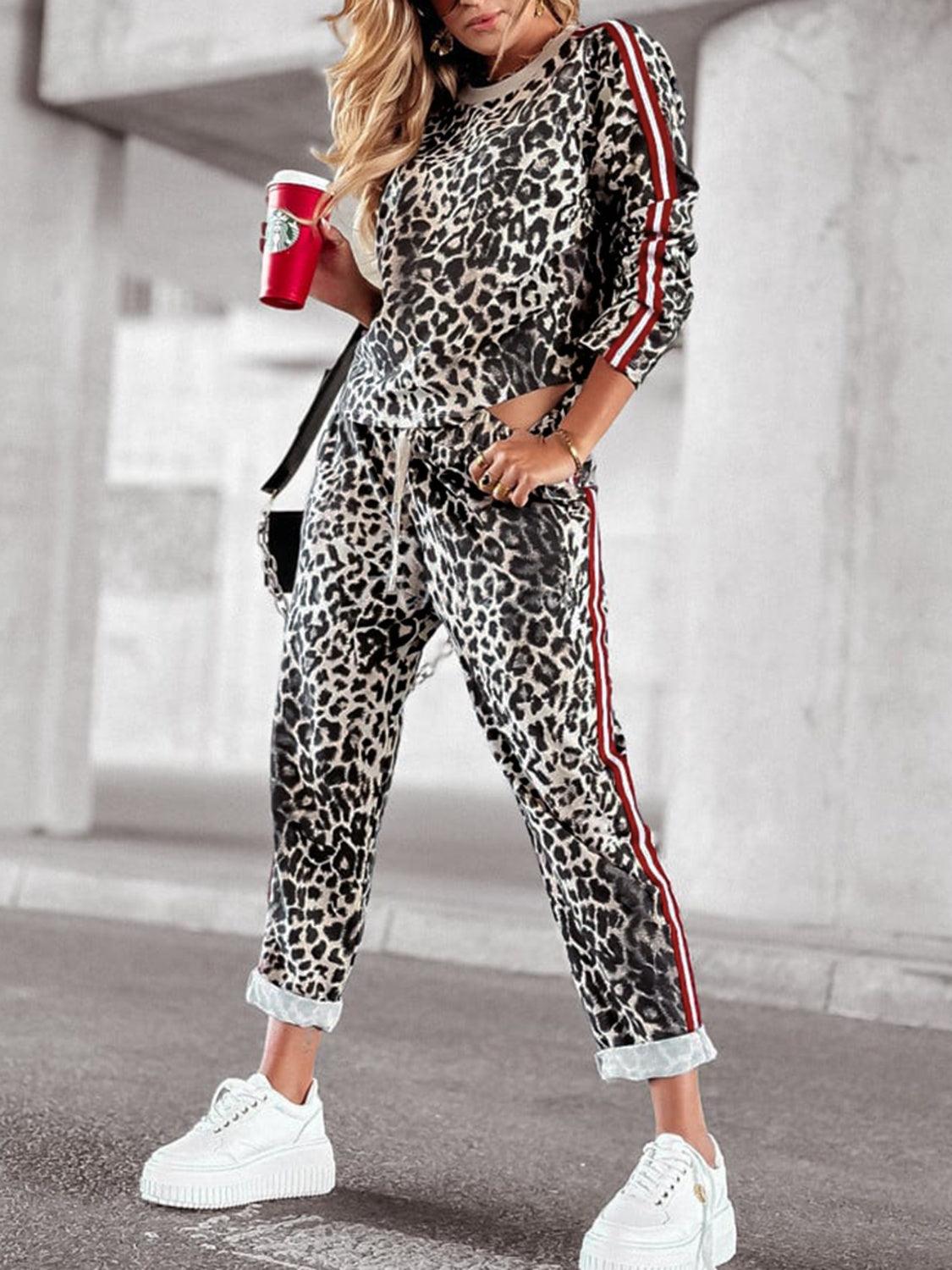 Leopard Outfit Set YO Fashionable Round Neck Long Sleeve Top and Pants Set