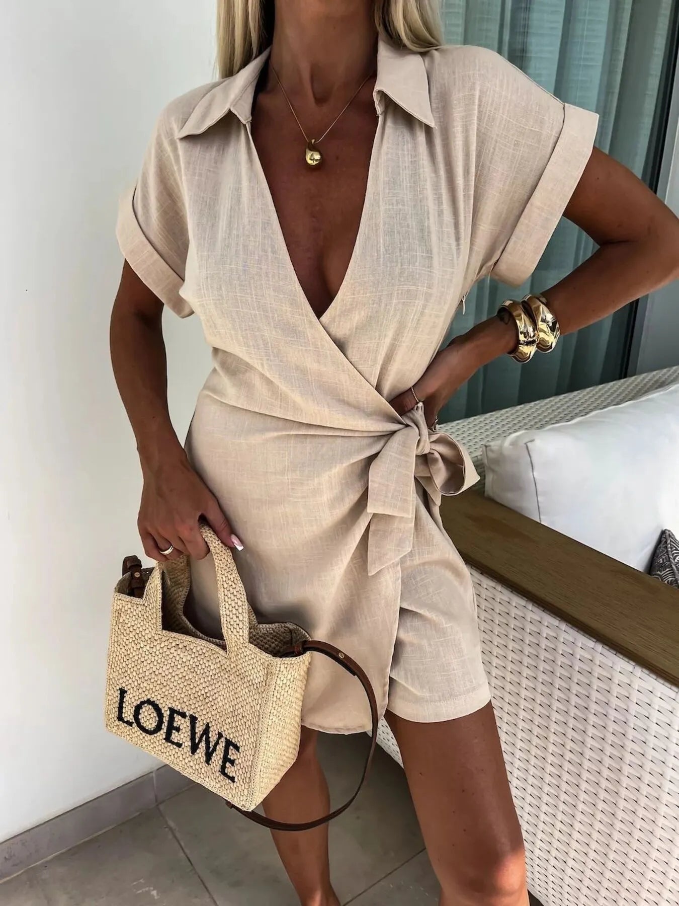 Women's Romper Surplice Bow Tie Waist Short Sleeve Collared Jumpsuit Apricot cccc7d53c3f54ba688be3bf0fb58e630-Max-Origin Trendsi