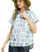 Mixed Media Print Button-Front Collared Top
