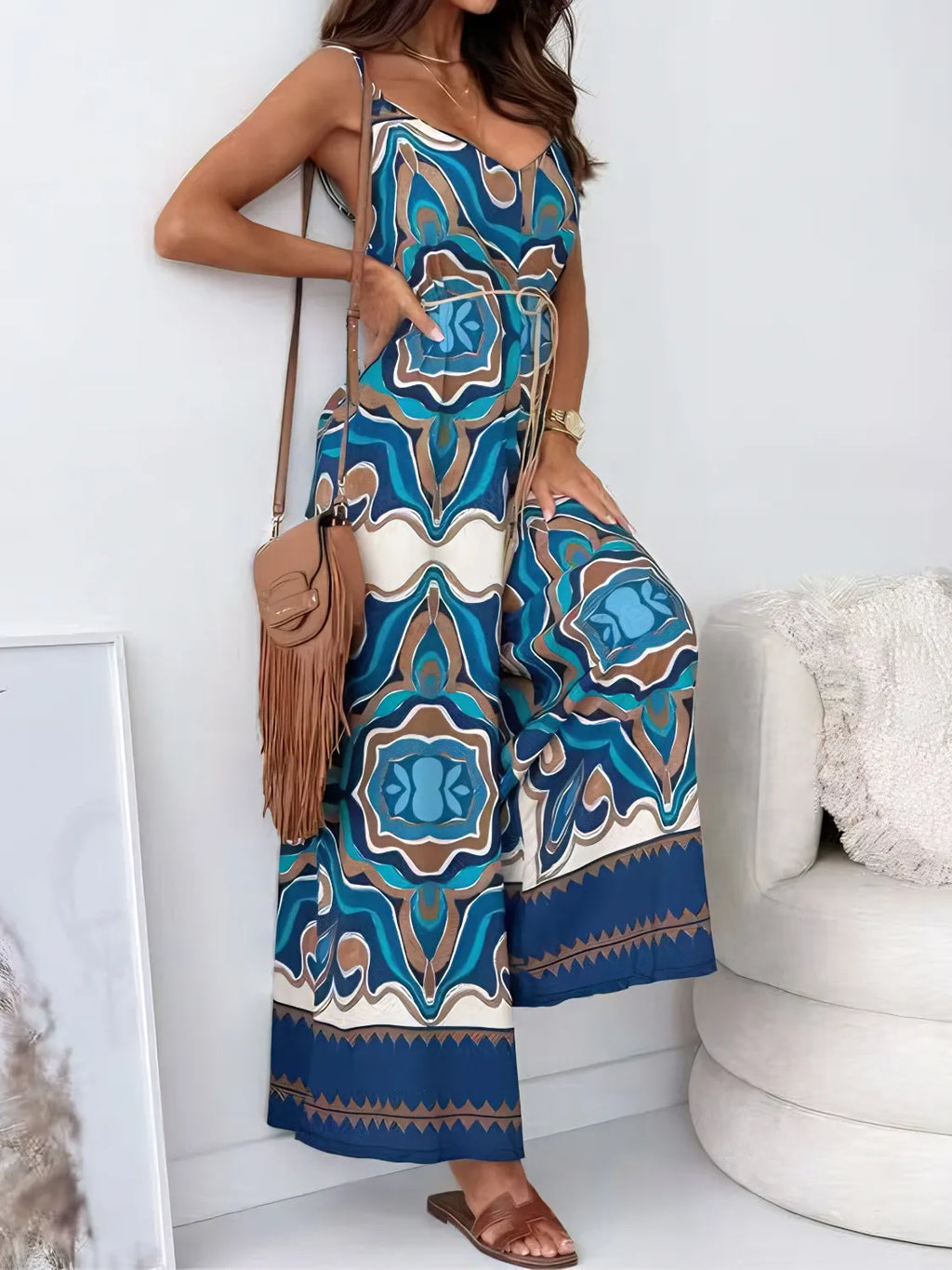Floral Jumpsuit V-Neck Wide Leg Strappy Blue Mix Printed One Piece Peacock Blue cce3e9ad-5cd9-46fe-9626-33be59329897-Max-Origin Trendsi