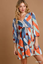 Umgee Mini Dress Multicolor Abstract Printed V-Neck Tiered 3/4 Sleeve Ruffled NAVY MIX cce57897-b77a-445b-a4f0-8c86cc68e6b0-Max-Origin Trendsi