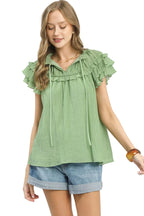 Umgee Ruffled Flutter Sleeve Textured Blouse