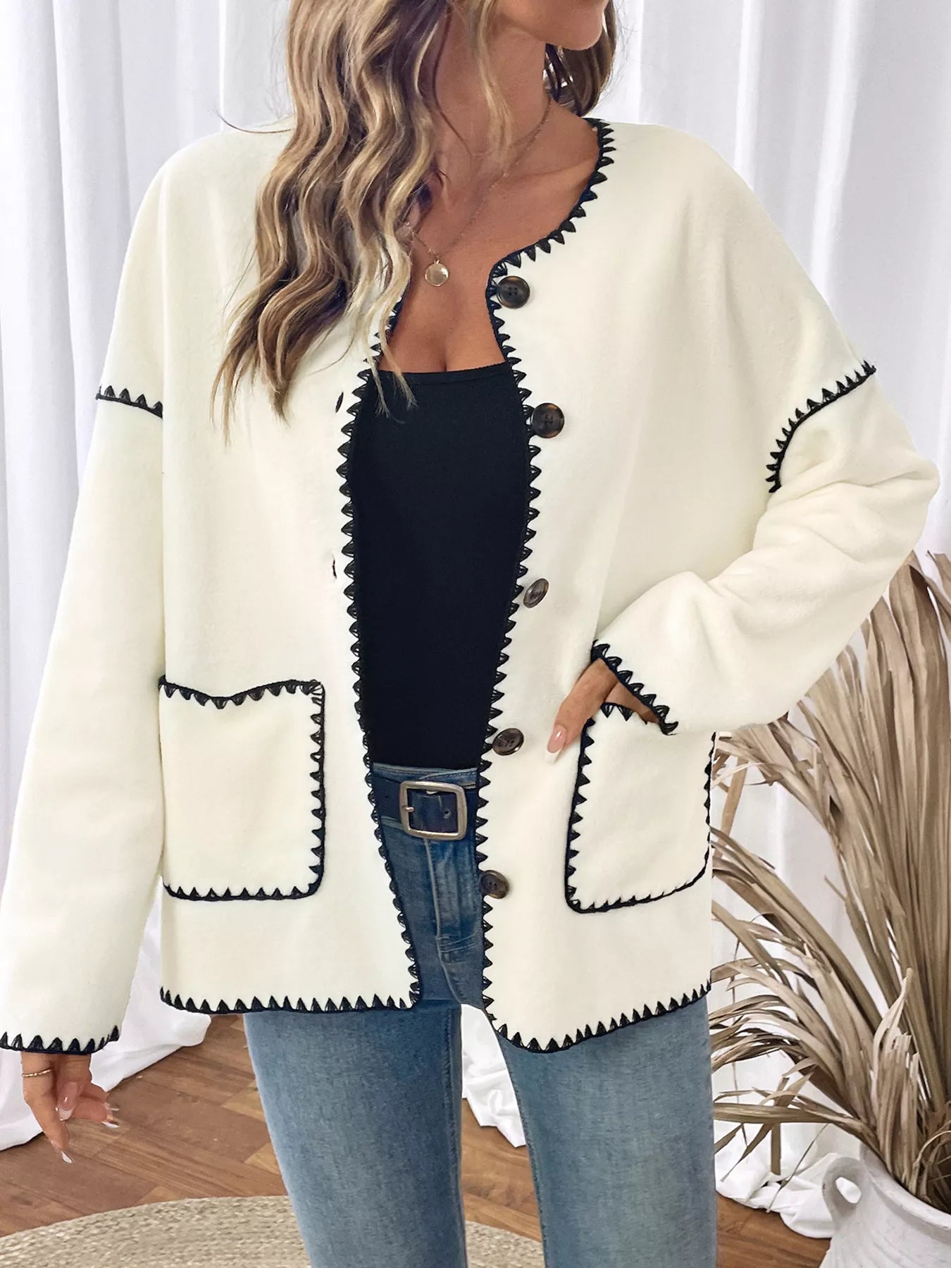 Women's Jacket Cream Contrast Trim Button Up Pocketed Outwear Cream cce9a124-355a-4e98-a3b8-b7b06b8b7c14-Max-Origin Trendsi