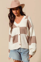 SO ME Checkered Button Front Ribbed Sweater Cardigan ccf0f860b6bd49d28191b38b6f21f1dc-Max-Origin Trendsi