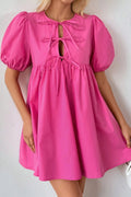Mini Dress Hot Pink Puff Short Sleeve Bow Tie Front High Waisted Hot Pink cd124a79-fae2-40f8-9e40-6cc4e5d027d2-Max Trendsi