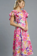 Umgee Midi Dress Hot Pink Floral Ruffled Cap Sleeve Smocked High Waist cd16e0b7-44fa-4903-9c94-ac0f23536571-Max-Origin Trendsi