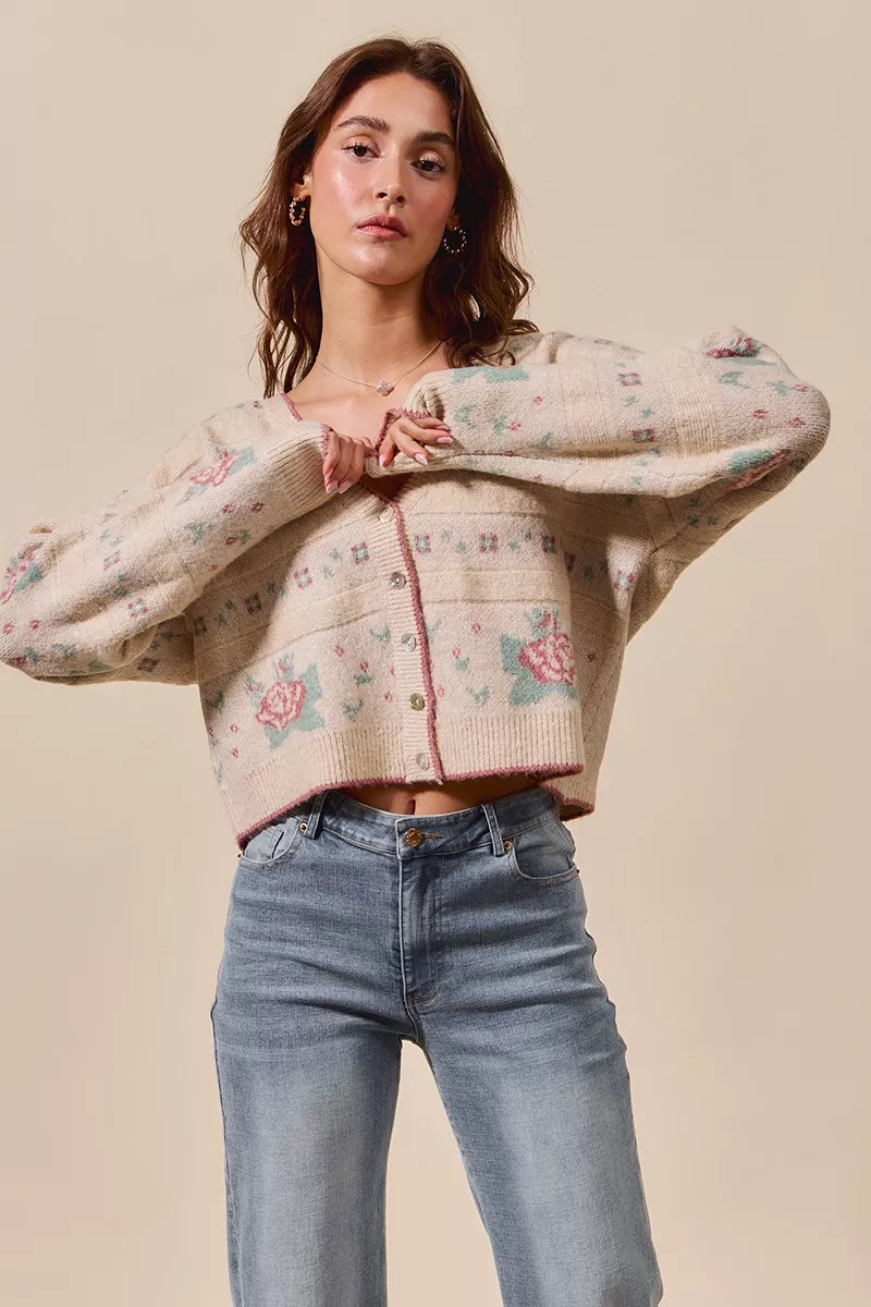 SO ME Womens Sweater Cardigan Floral Pattern Long Sleeve Button cd1916dd68b44e78b0a385867e04e881-Max-Origin Trendsi