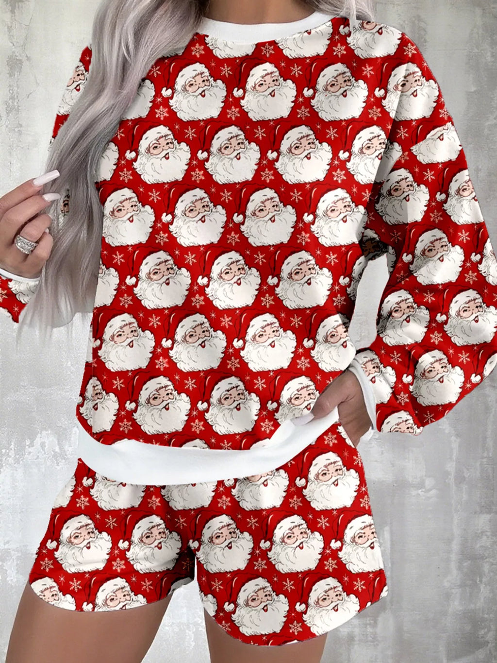 Christmas Women's Lounge Set Santa Print Round Neck Top and Shorts 2 Pcs cd1fae28-832e-4a6f-b142-bdc1f70d9f75-Max-Origin Trendsi