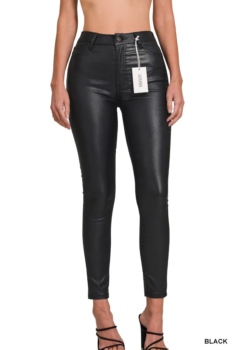 Zenana Skinny Womens Pants Black Faux Leather Stretch Trousers