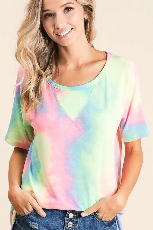 BiBi Women T-shirt Tie Dye Pastel Multi Color French Terry Print Top cd257b8a5aa844619d6f07b738c7391a-Max-Origin Trendsi
