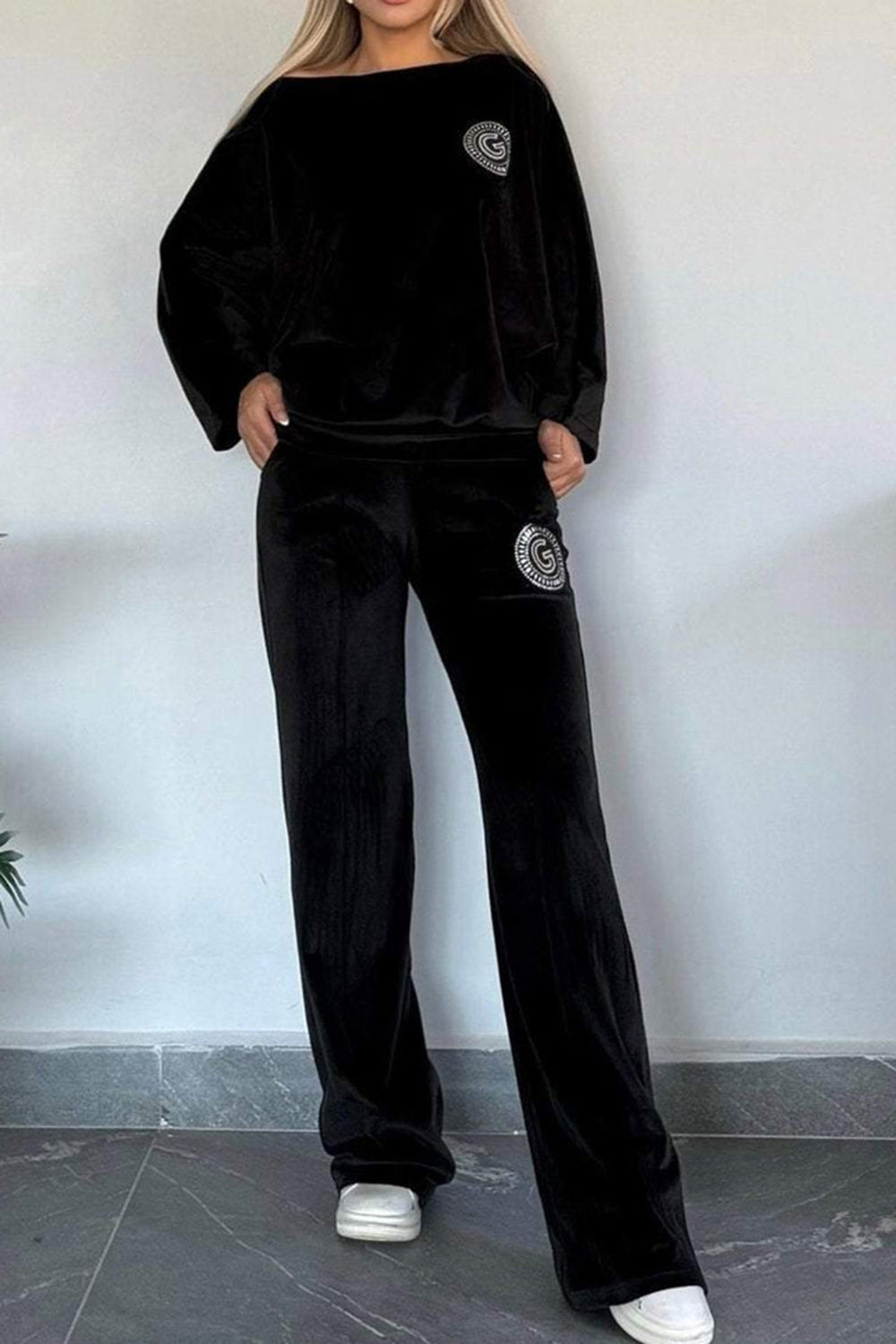 Outfit Set Women Velvet Full Size Boat Neck Long Sleeve Top and Pants Set 5XL