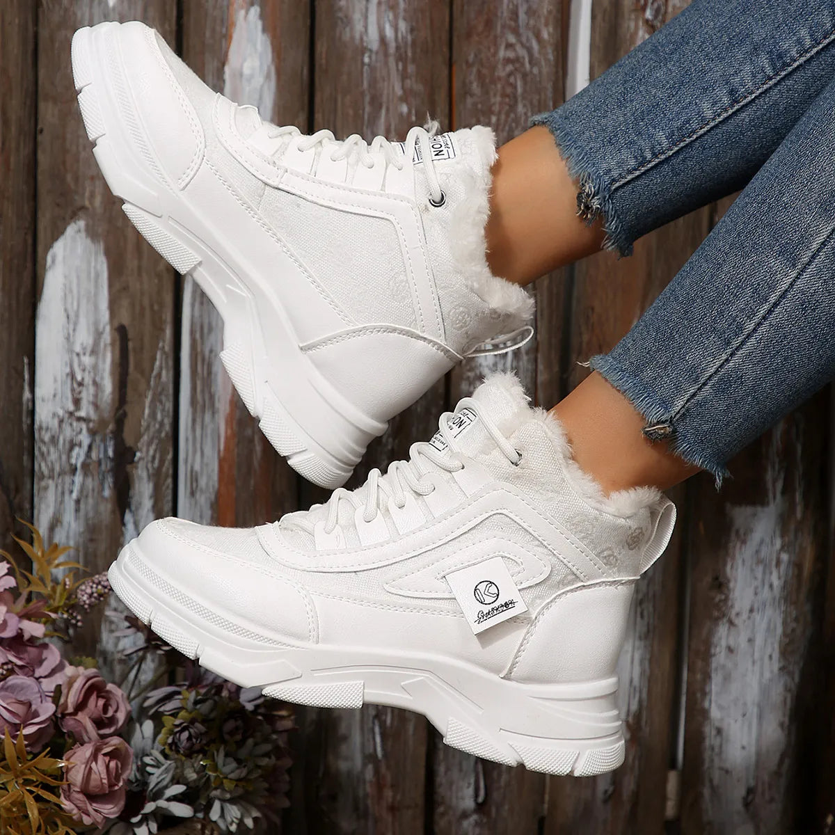Women's Sneaker Boots High-Top Platform Chunky with Lace-Up Fluff Shoes White cd384663194e456197a3bae1d2166944-Max-Origin Trendsi