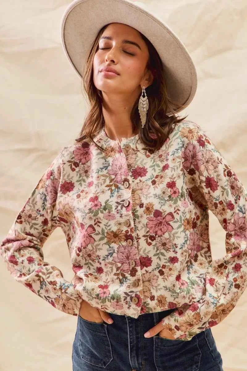 SO ME Floral Print Button Front Sweater Cardigan