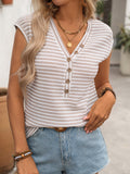 Striped V-Neck Cap Sleeve Top with Decorative Button