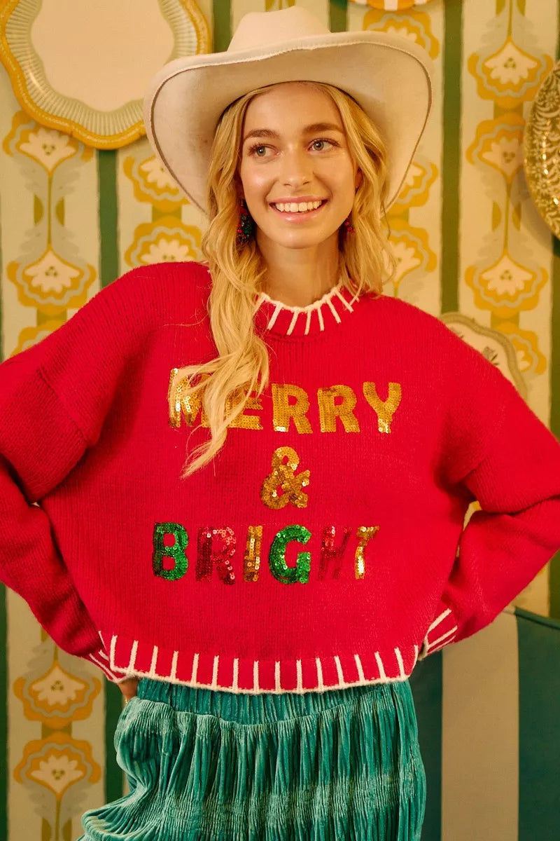 BiBi Christmas Theme Sweater Sequin Lattering Womens Red Knit Pullover cd668234dbff480f96436cda33606255-Max-Origin Trendsi